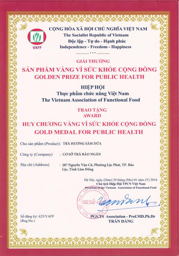 Bằng khen Sản phẩm vàng vì sức khỏe cộng đồng năm 2015